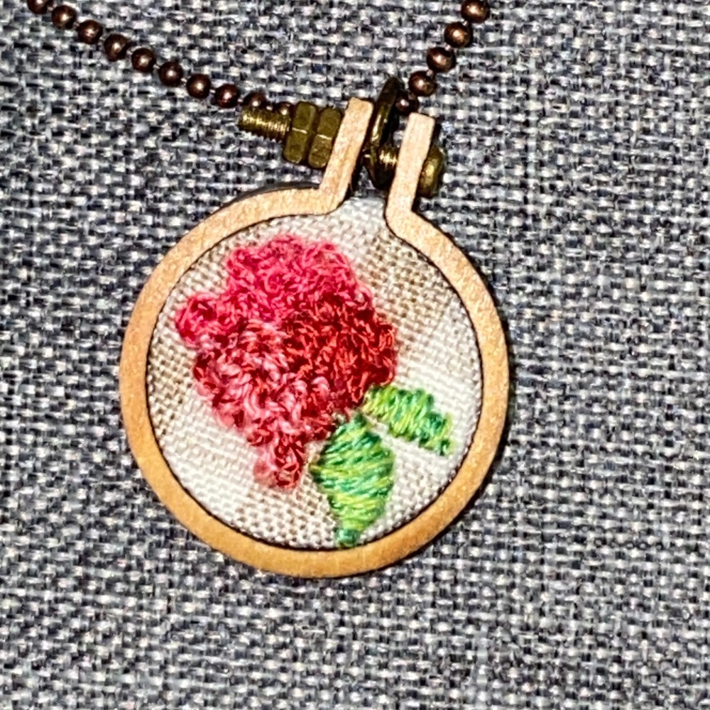 Mini Embroidered Pendant Necklace Wooden Hoop Garden Cottagecore Handmade Whimsy